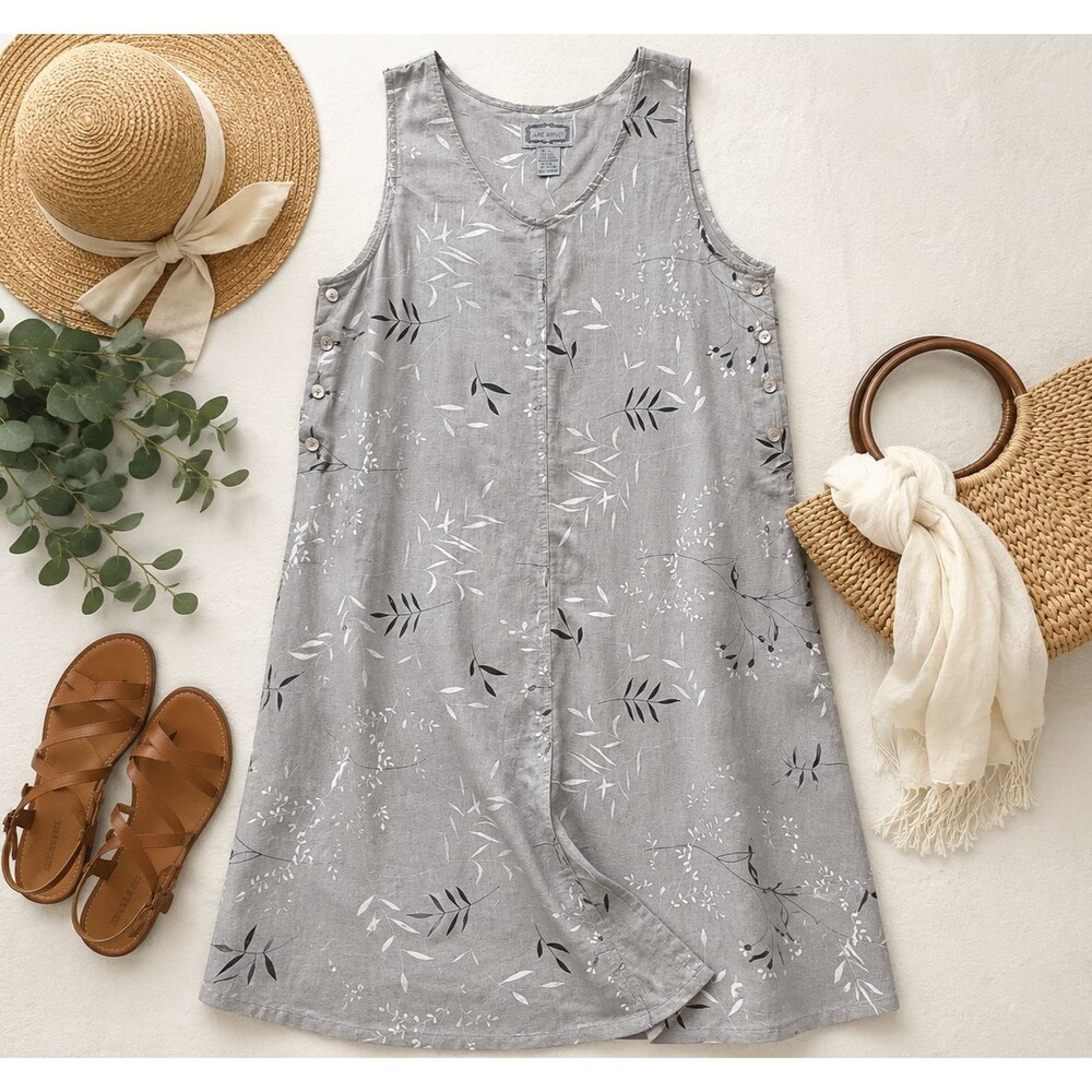 Jane Ashley Linen Cotton Maxi Dress L Gray Botanical Floral Print Button Side